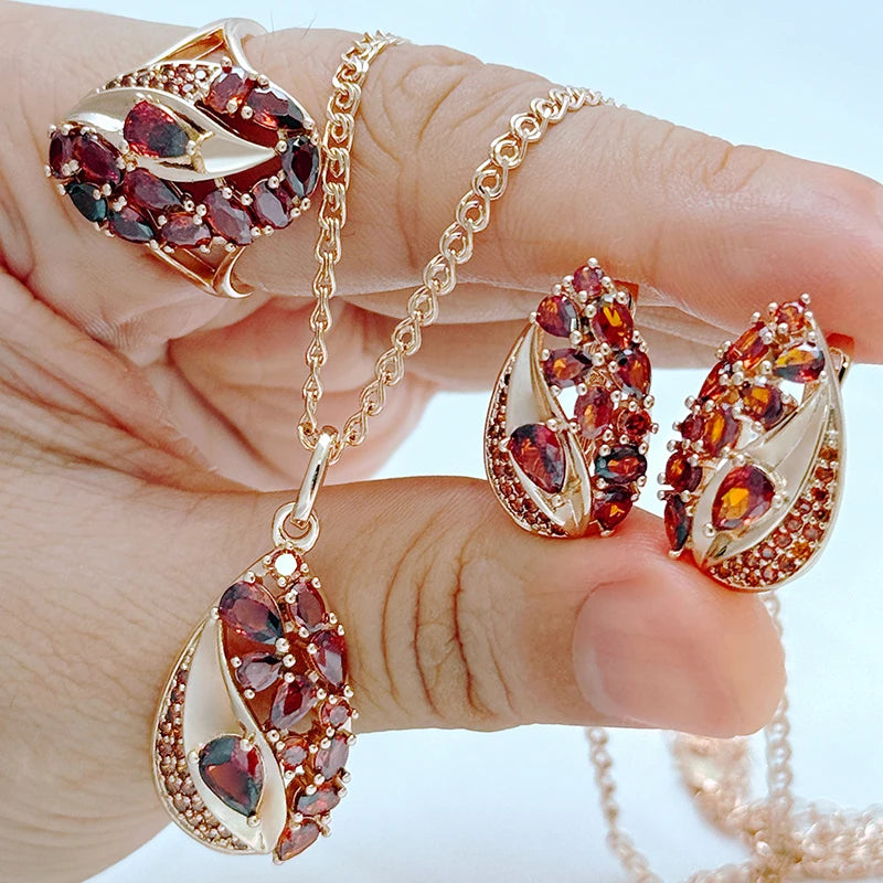 Natural zircon jewelry set featuring a ring, earrings, and necklace by Legacy Magics, showcasing sparkling zircon stones and elegant design.