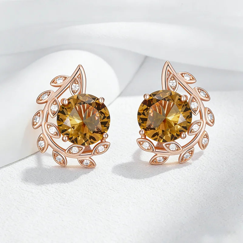 Kinel Hot Brown Natural Zircon English earrings for women with crystal flower design in 585 rose gold color, high-quality daily jewelry