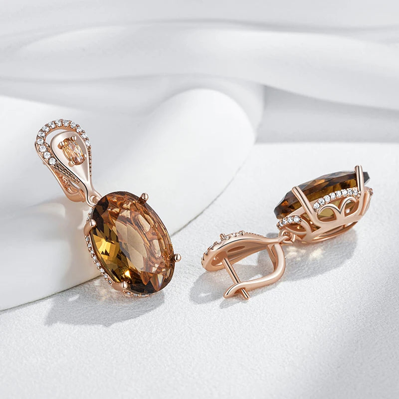 Kinel Hot Big Oval Brown Zircon Drop Earrings by Legacy Magics in 585 rose gold, elegant daily or wedding jewelry for women.