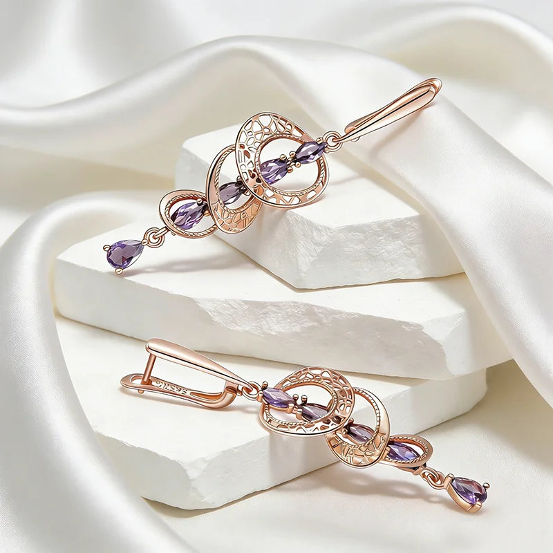 Kinel Hot Shiny Purple Natural Zircon Drop Earrings in rose gold for women, ideal for wedding and bridal jewelry, fine crystal gift