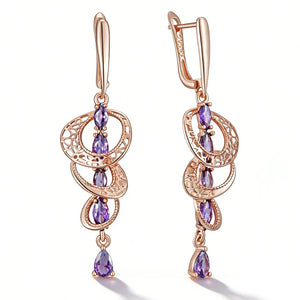 Kinel Hot Shiny Purple Natural Zircon Drop Earrings for Women in 585 Rose Gold, fine jewelry with crystal accents, perfect for weddings.
