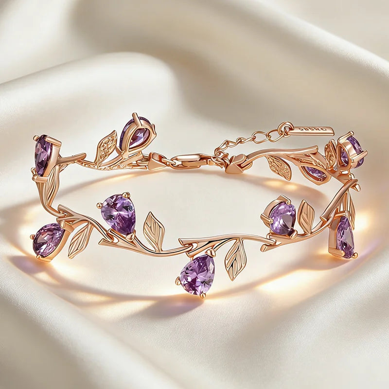 Kinel Luxury 585 rose gold petal bracelet for women with shiny purple zircon accents, elegant ethnic wedding jewelry by Legacy Magics.
