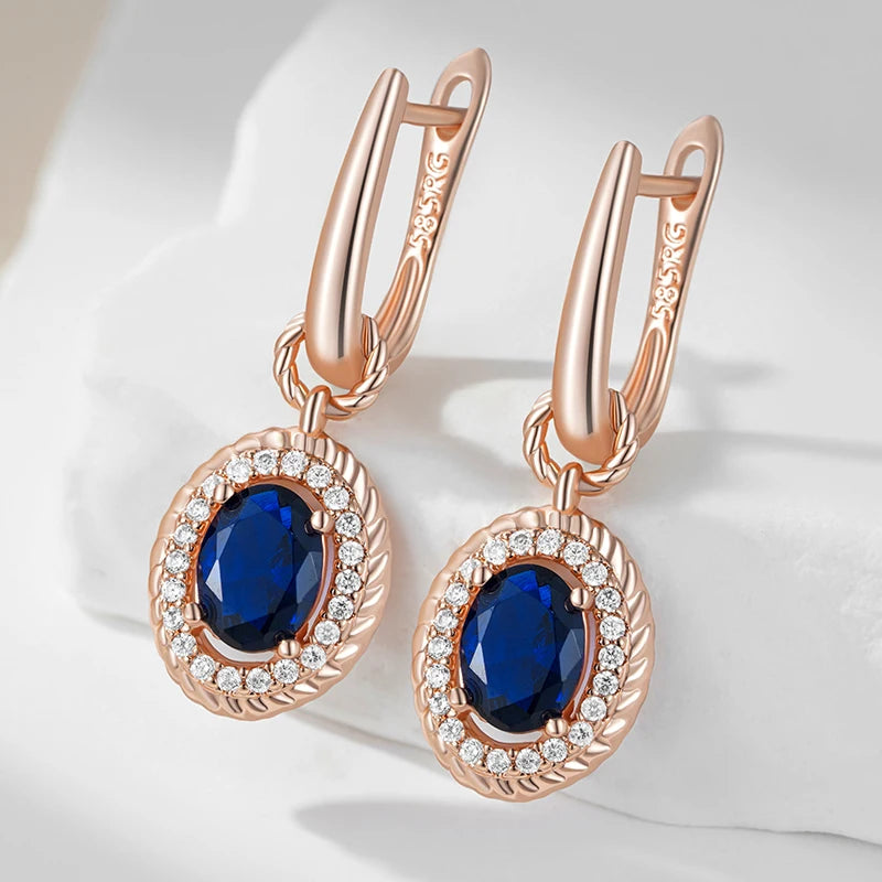 Kinel Hot Shiny Blue Natural Zircon dangle earrings for women in 585 rose gold color, featuring high-quality fine jewelry design.