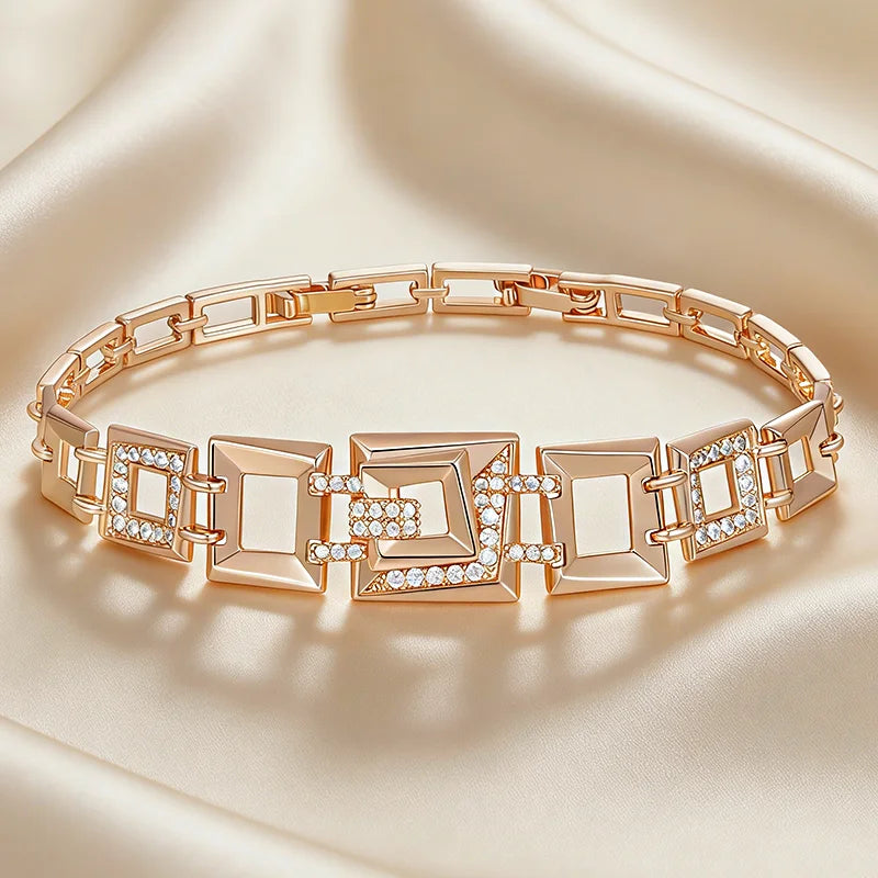 Kinel Hot 585 rose gold link bracelet with square natural zircon accents, elegant ethnic jewelry for women by Legacy Magics