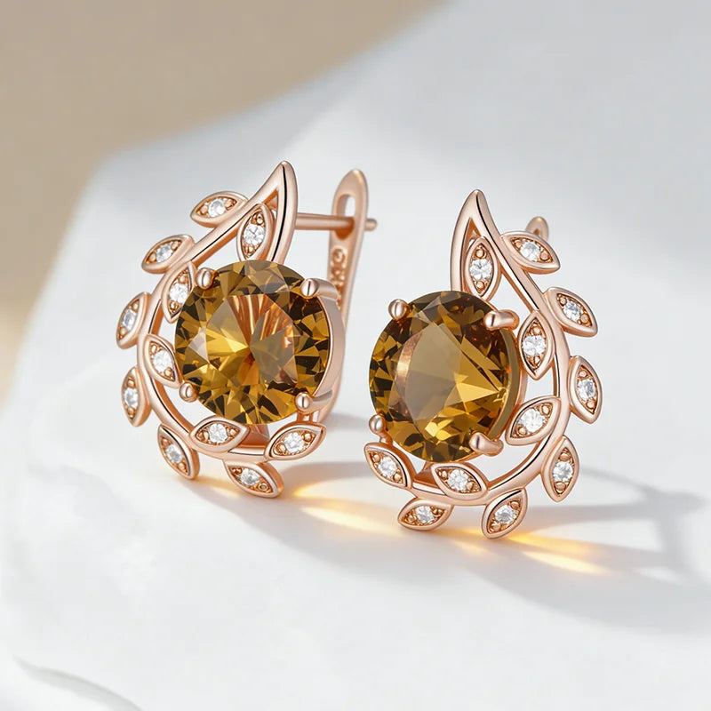 Kinel Hot Brown Natural Zircon English earrings by Legacy Magics featuring crystal flower design in 585 rose gold for women.