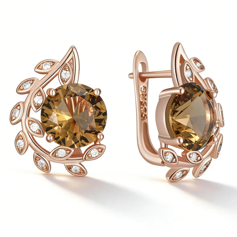 Kinel Hot Brown Natural Zircon English earrings by Legacy Magics, rose gold flower design, high-quality crystal jewelry for women.