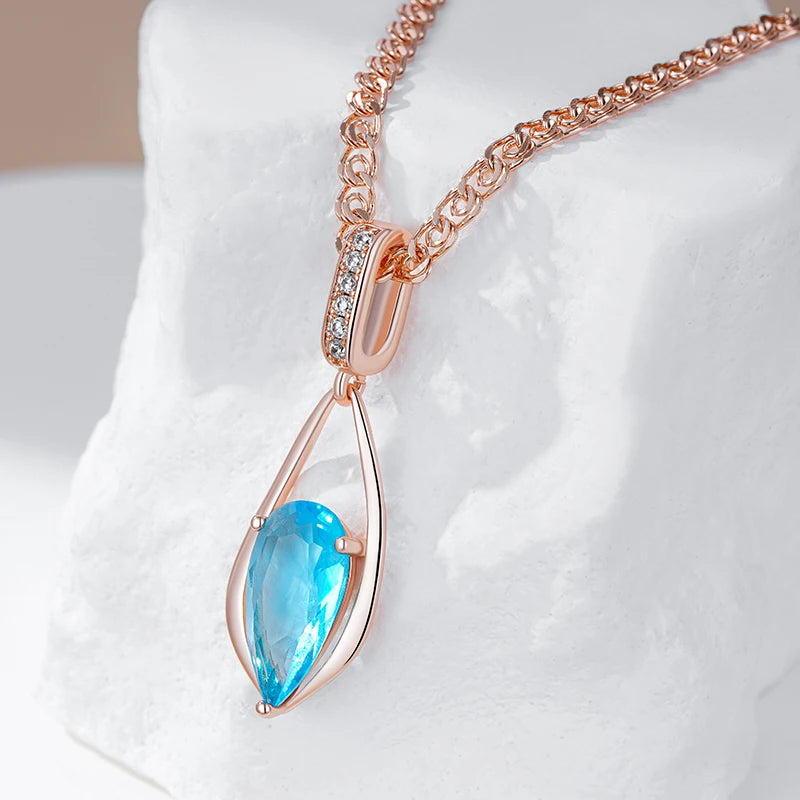 Luxury Blue Natural Zircon Water Drop Pendant Necklace