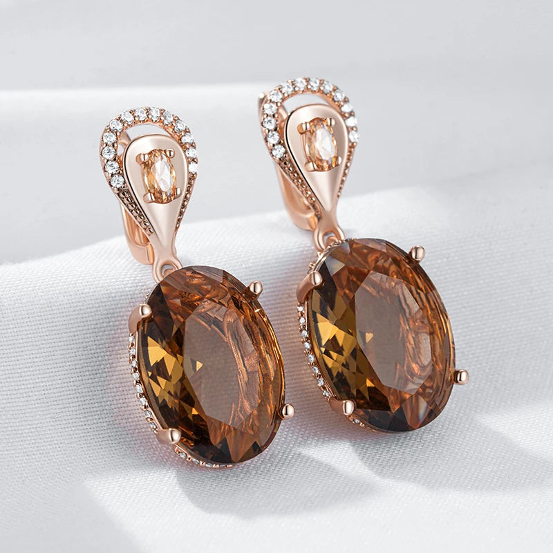 Kinel Hot Big Oval Brown Zircon Drop Earrings for Women in 585 Rose Gold, high-quality bridal jewelry by Legacy Magics