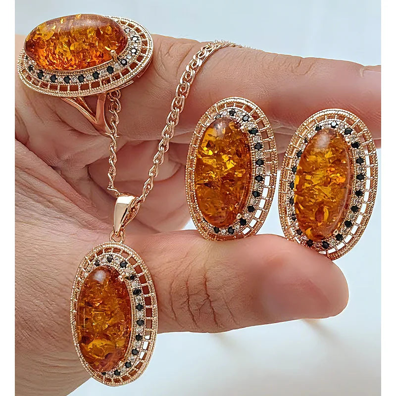 Kinel Hot Oval Amber ring, earrings, and necklace set in 585 rose gold with natural zircon accents, vintage jewelry for women.