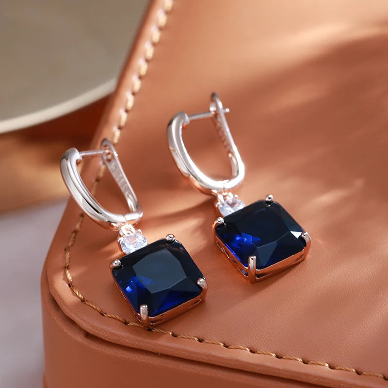 New Square Dark Blue Long Dangle Earrings