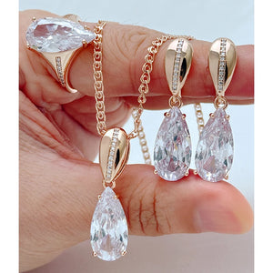 Kinel shiny white natural zircon water drip ring earrings and necklace jewelry set in 585 rose gold for women, daily fashion 3-piece set