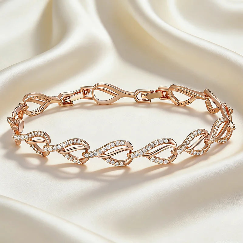 Kinel Hot 585 rose gold geometric heart link bracelet for women with natural zircon, modern and elegant jewelry for daily or special occasions