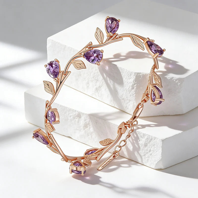 Kinel Luxury 585 rose gold petal bracelet for women with shiny purple zircon accents, elegant ethnic wedding jewelry by Legacy Magics