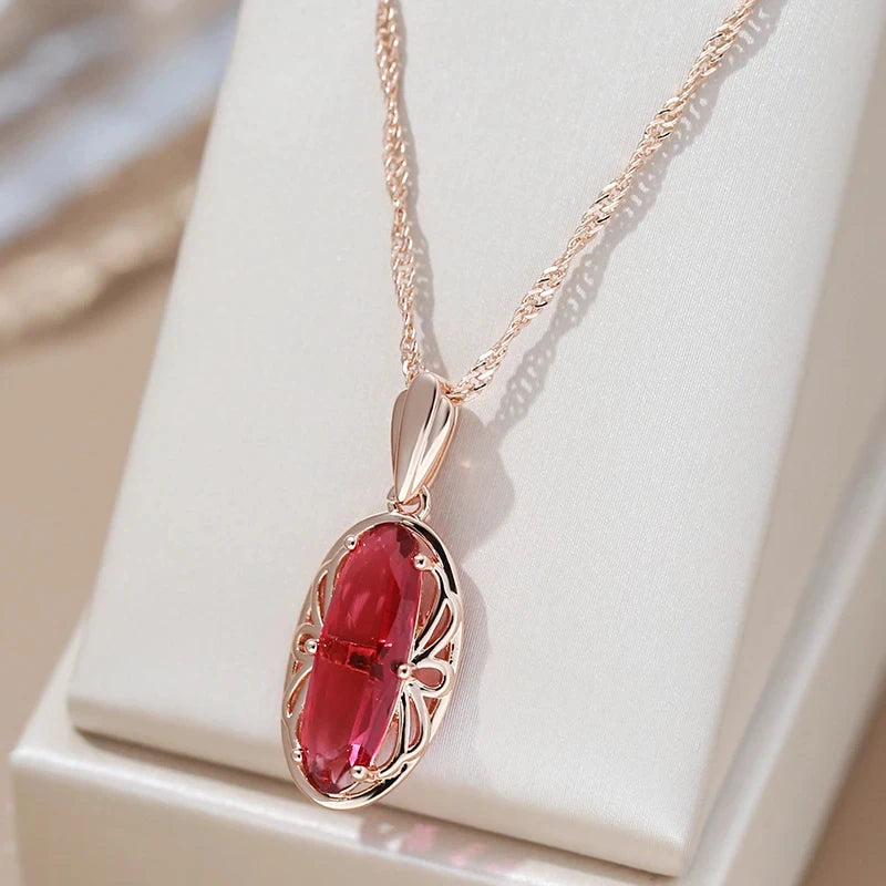 Oval Red Natural Zircon Pendant Necklace