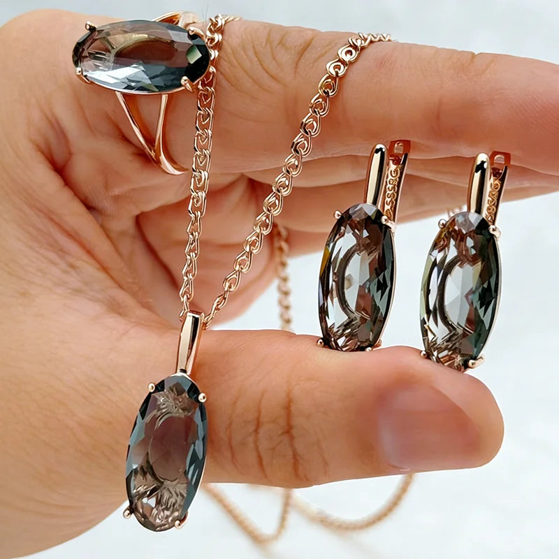 Kinel grey big oval wedding ring earrings and necklace set in 585 rose gold color, high-quality daily jewelry for women.