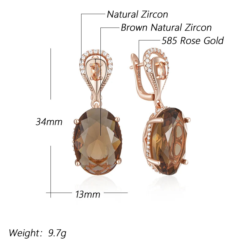 Kinel Hot Big Oval Brown Natural Zircon Drop Earrings for Women in 585 Rose Gold, elegant bridal jewelry by Legacy Magics