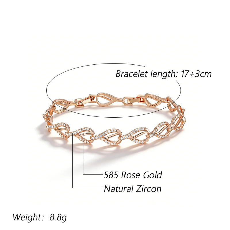 Kinel Hot 585 rose gold geometric heart link bracelet for women with zircon accents, ideal for daily, party, or wedding jewelry.