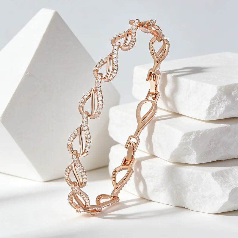 Kinel Hot 585 rose gold geometric heart link bracelet for women with natural zircon, modern daily and wedding jewelry by Legacy Magics