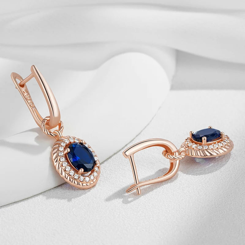 Kinel Hot Shiny Blue Natural Zircon dangle earrings in 585 rose gold for women, elegant jewelry for parties or daily wear.