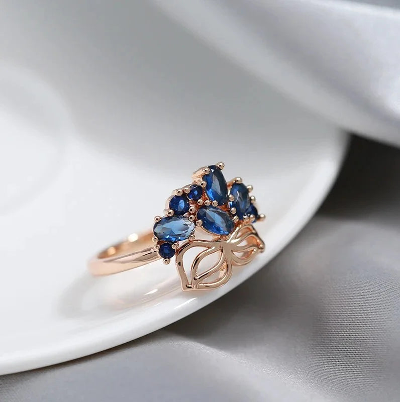 Blue Natural Luxury Gold Crystal Flower Bride ring