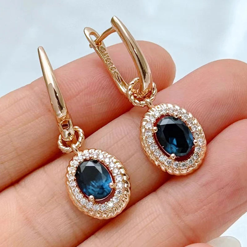 Kinel Hot Shiny Blue Natural Zircon dangle earrings for women in 585 rose gold color, featuring high-quality jewelry with a stylish design.