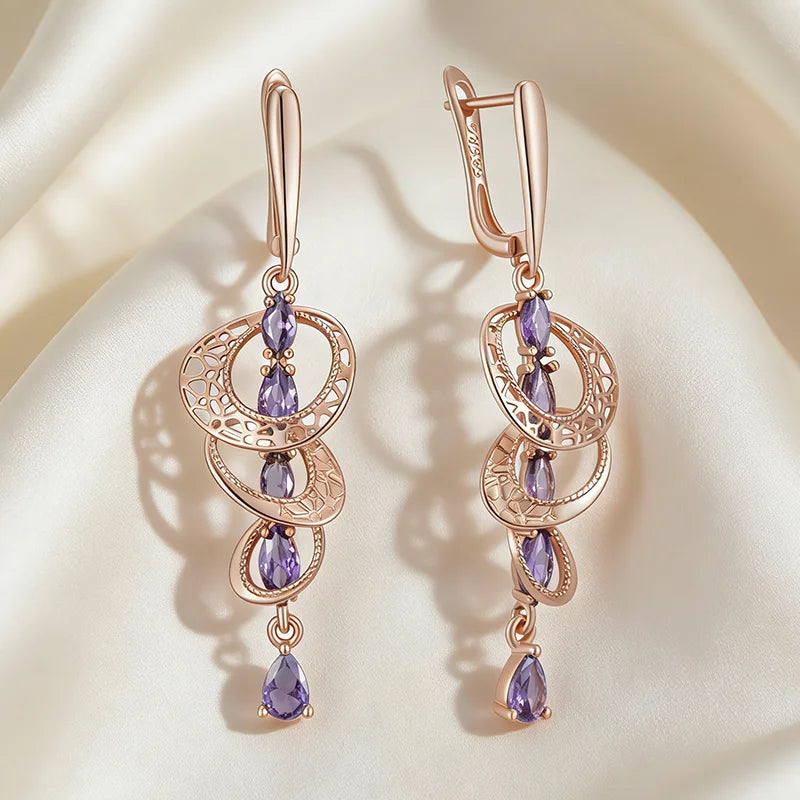 Kinel Hot Shiny Purple Natural Zircon Drop Earrings in 585 Rose Gold for women, perfect for wedding or special occasions.