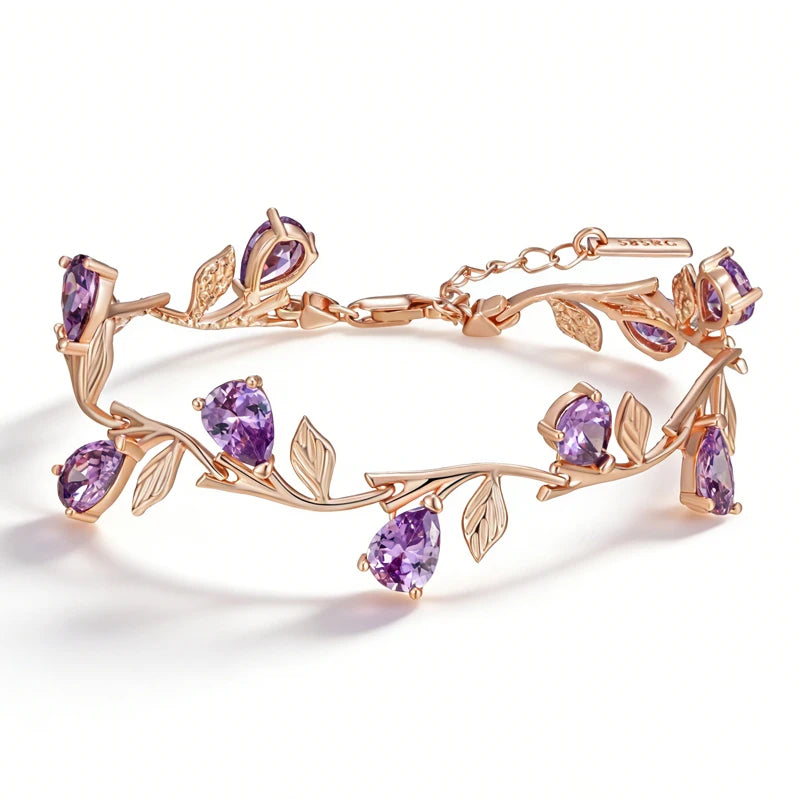 Kinel Luxury 585 rose gold petal bracelet for women with shiny purple zircon accents, ethnic wedding jewelry by Legacy Magics