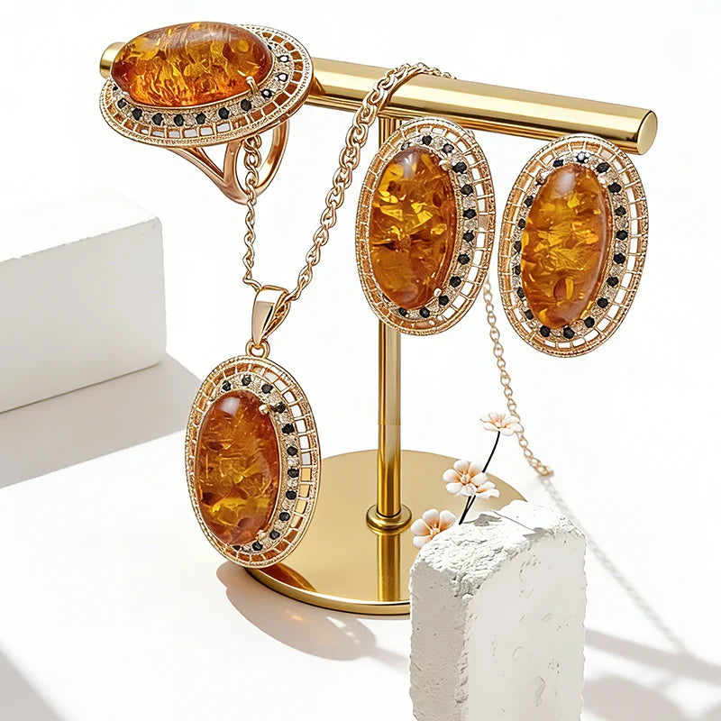 Kinel Hot Oval Amber ring, earrings, and necklace set by Legacy Magics in rose gold with natural zircon accents, vintage jewelry for women