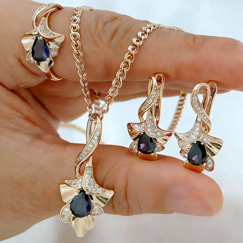 Kinel full purple natural zircon flower ring, earrings, and necklace set in 585 rose gold, vintage jewelry for women by Legacy Magics