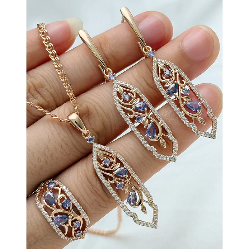 Natural zircon ring, earrings, and necklace set for women by Legacy Magics, featuring sparkling zircon stones and elegant jewelry design.