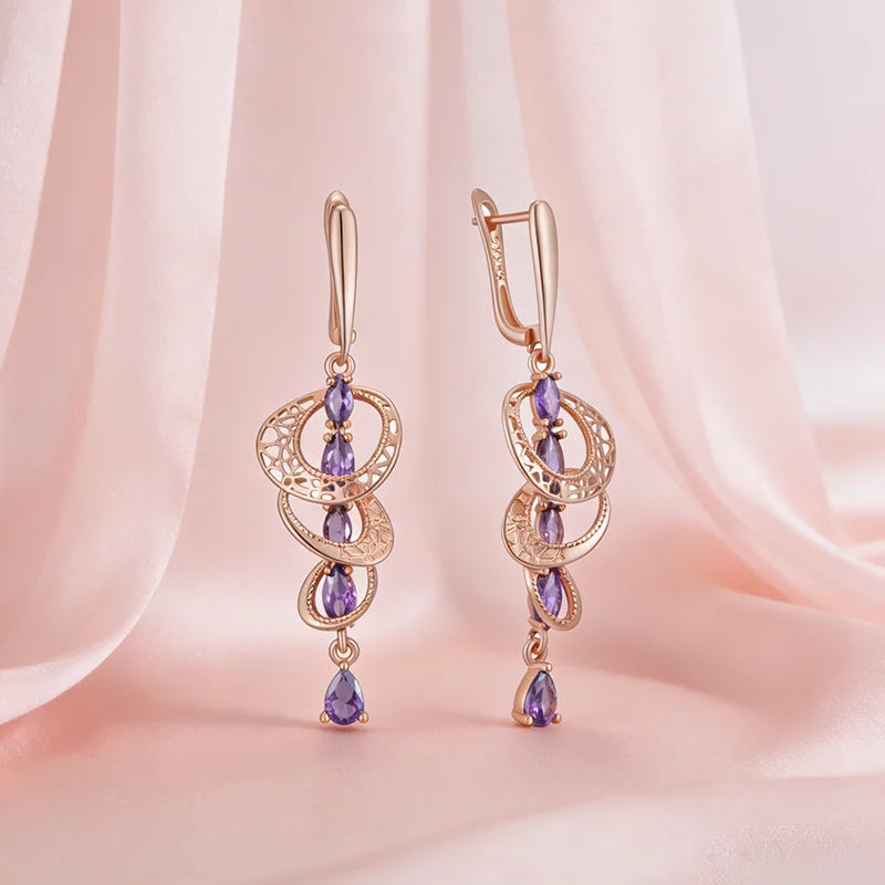 Kinel Hot Shiny Purple Natural Zircon Drop Earrings in 585 Rose Gold for women, perfect for wedding or special occasions.