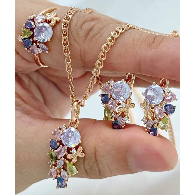 Natural zircon jewelry set including a ring, earrings, and necklace for women, featuring sparkling zircon stones and elegant design.