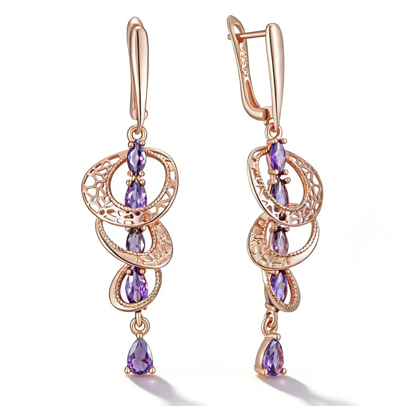 Kinel Hot Shiny Purple Natural Zircon Drop Earrings for Women in 585 Rose Gold, fine jewelry with crystal accents, perfect for weddings.