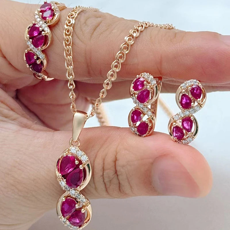 Natural zircon jewelry set including ring, earrings, and necklace for women by Legacy Magics, featuring sparkling zircon stones.