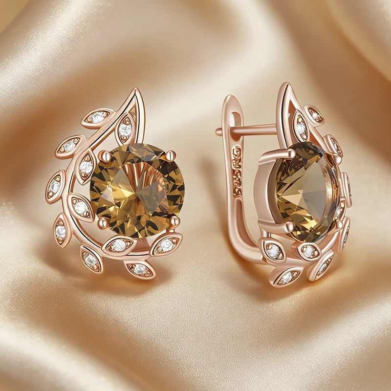 Kinel Hot Brown Natural Zircon English earrings by Legacy Magics, rose gold flower design, high-quality daily jewelry for women