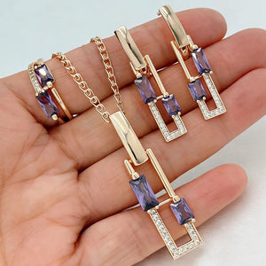 Kinel shiny square purple zircon jewelry set with ring, earrings, and necklace in 585 rose gold for women, wedding and fashion accessories