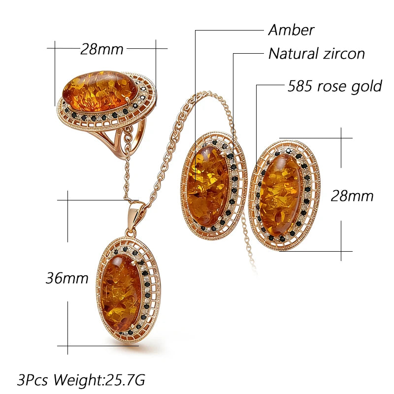 Kinel Hot Oval Amber ring, earrings, and necklace set in 585 rose gold with natural zircon accents, vintage jewelry for women.