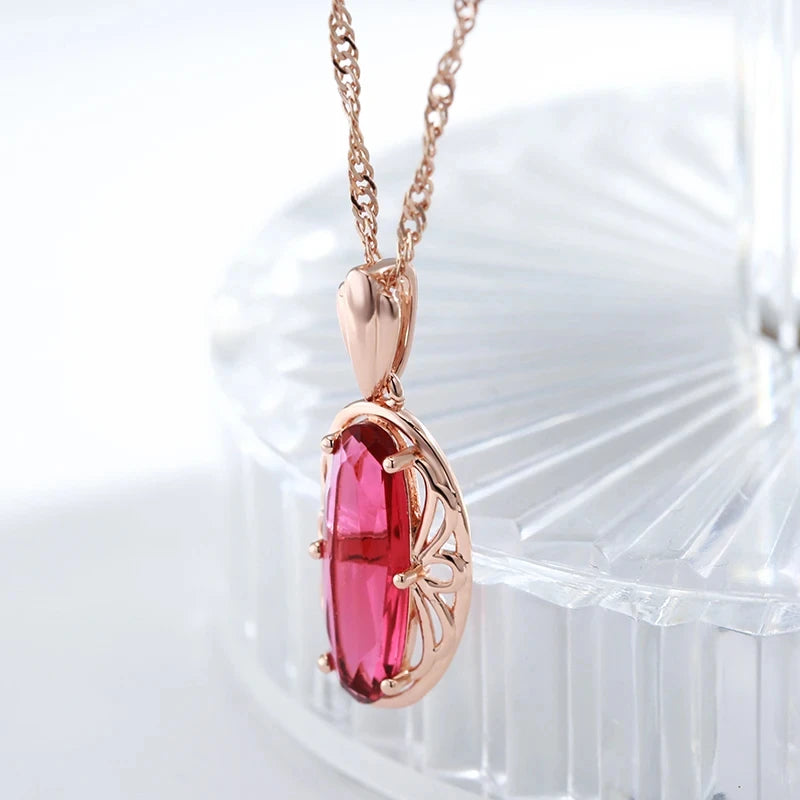 Oval Red Natural Zircon Pendant Necklace