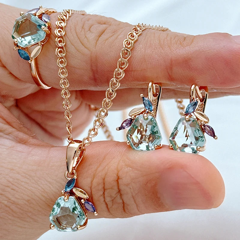 Natural zircon ring, earrings, and necklace set for women by Legacy Magics, featuring sparkling zircon stones and elegant design.