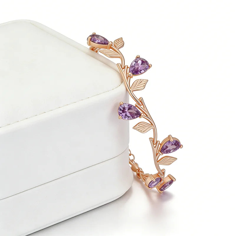 Kinel Luxury 585 rose gold petal bracelet for women with shiny purple zircon accents, ethnic wedding jewelry by Legacy Magics.