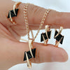 Rose gold jewelry set featuring black geometric crystals with a matching pendant necklace, earrings, and ring in a modern minimalist design.