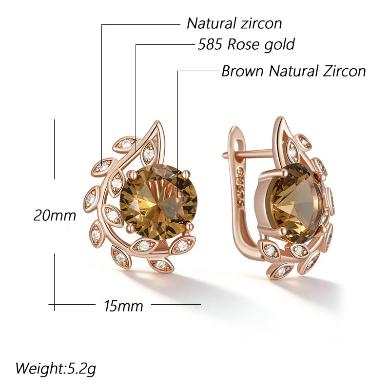 Kinel Hot Brown Natural Zircon English earrings for women with crystal flower design in 585 rose gold color, high-quality daily jewelry