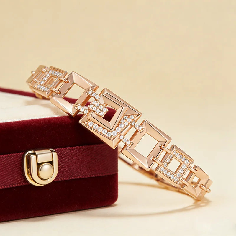 Kinel Hot 585 rose gold square zircon link bracelet for women, featuring natural zircon accents in luxury ethnic style.