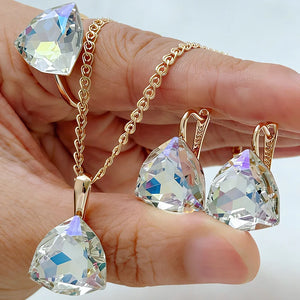 Colorful natural zircon triangle jewelry set with ring, earrings, and necklace in rose gold for women, elegant wedding jewelry by Legacy Magics.