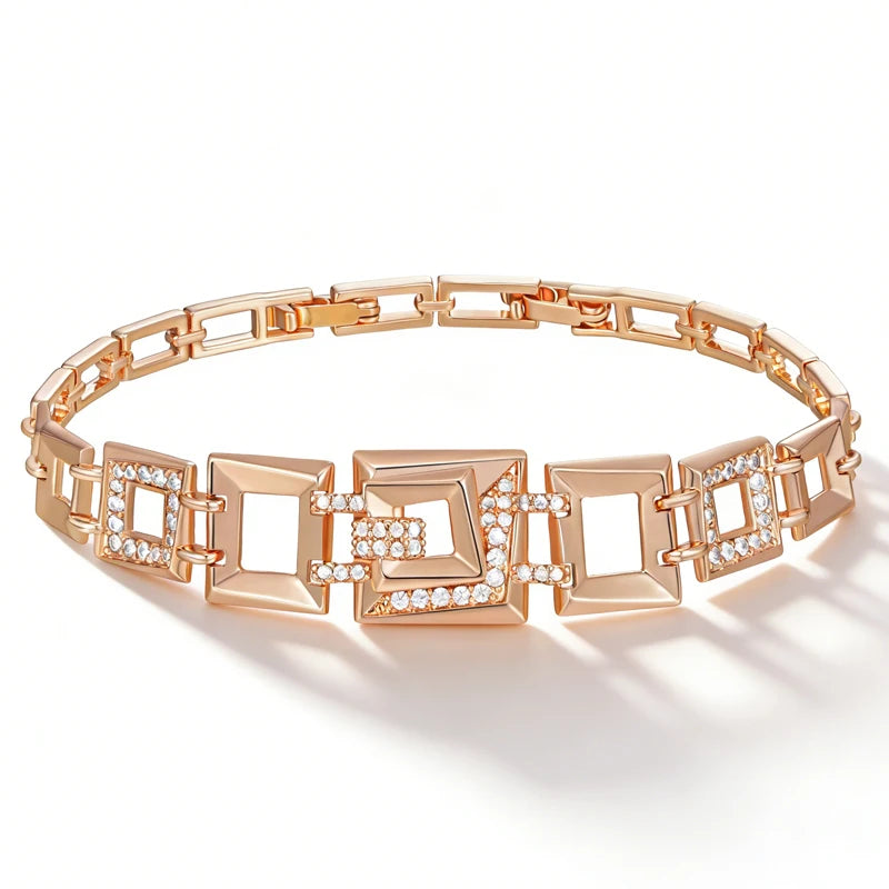 Kinel Hot 585 rose gold square link bracelet with natural zircon for women, luxury ethnic jewelry, suitable for bridal or daily wear