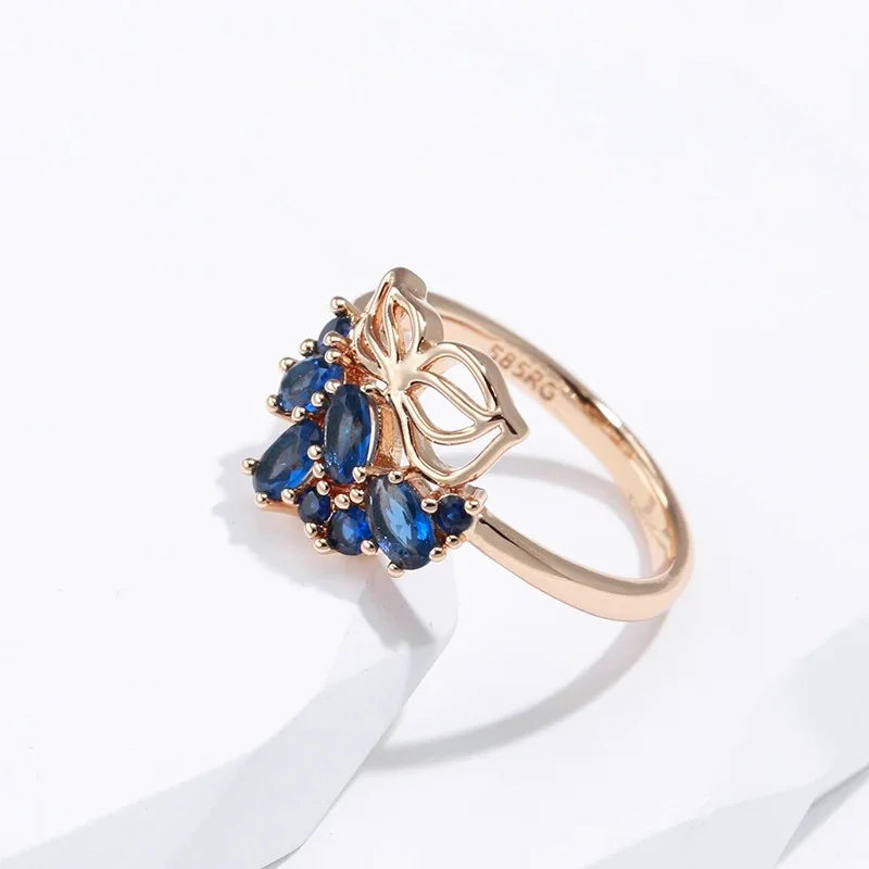 Blue Natural Luxury Gold Crystal Flower Bride ring