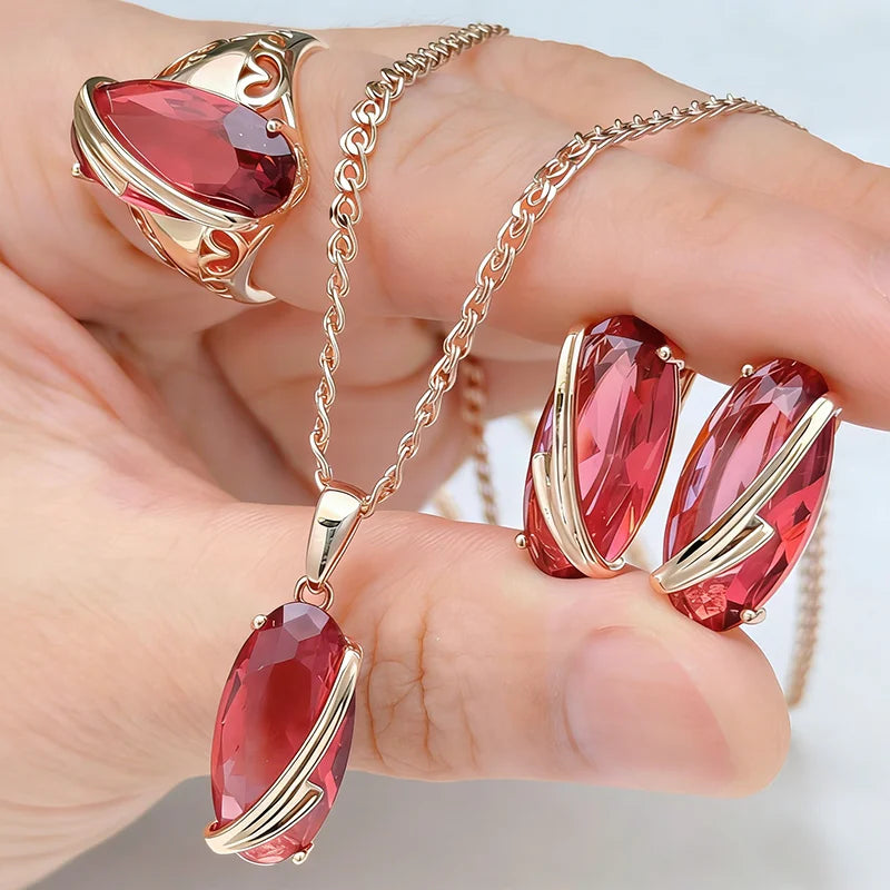 Kinel Hot Big Red Natural Zircon jewelry set for women with rose gold ring earrings and necklace, vintage style by Legacy Magics