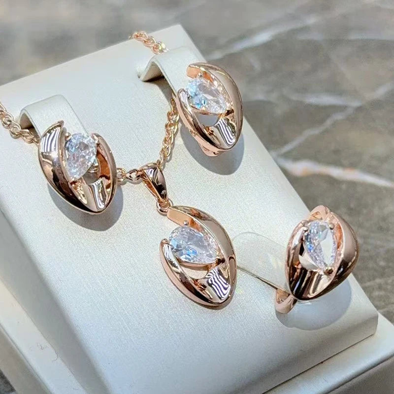 Natural zircon jewelry set including ring, earrings, and necklace for women by Legacy Magics, featuring sparkling zircon stones.