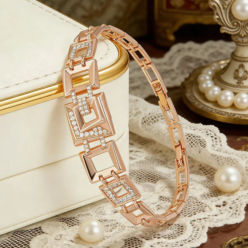 Kinel Hot 585 rose gold link bracelet with natural zircon square accents for women, luxury ethnic jewelry by Legacy Magics