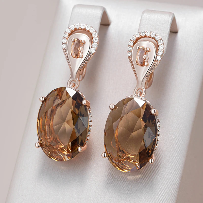 Kinel Hot Big Oval Brown Zircon Drop Earrings by Legacy Magics in 585 Rose Gold for women, featuring natural zircon stones and elegant design